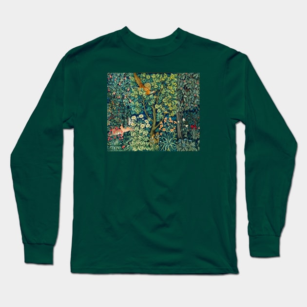 GREENERY,FOREST ANIMALS Pheasant on Tree,Squirrel,Hares,Blue Green Floral Tapestry Long Sleeve T-Shirt by BulganLumini